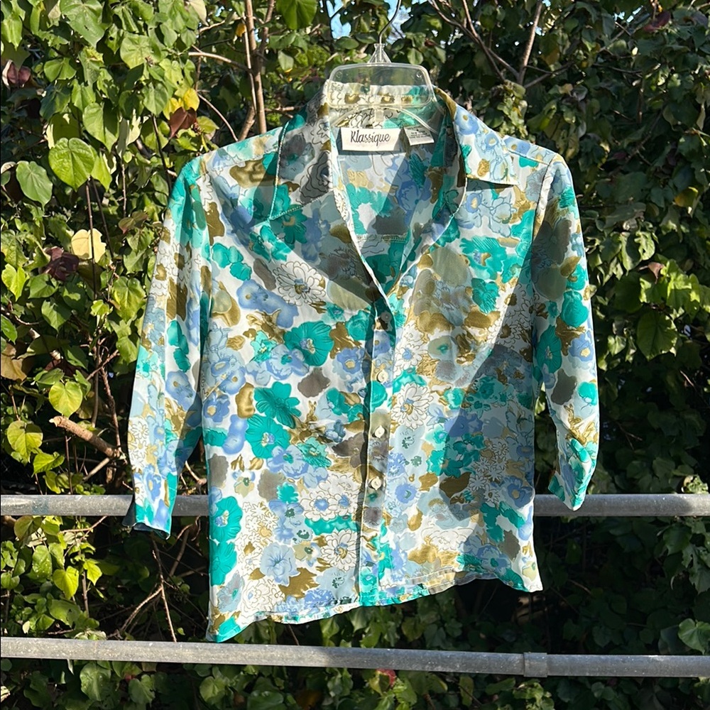 KLASSIQUE Vintage Floral Button-Up Lightweight Summer Blouse Size S